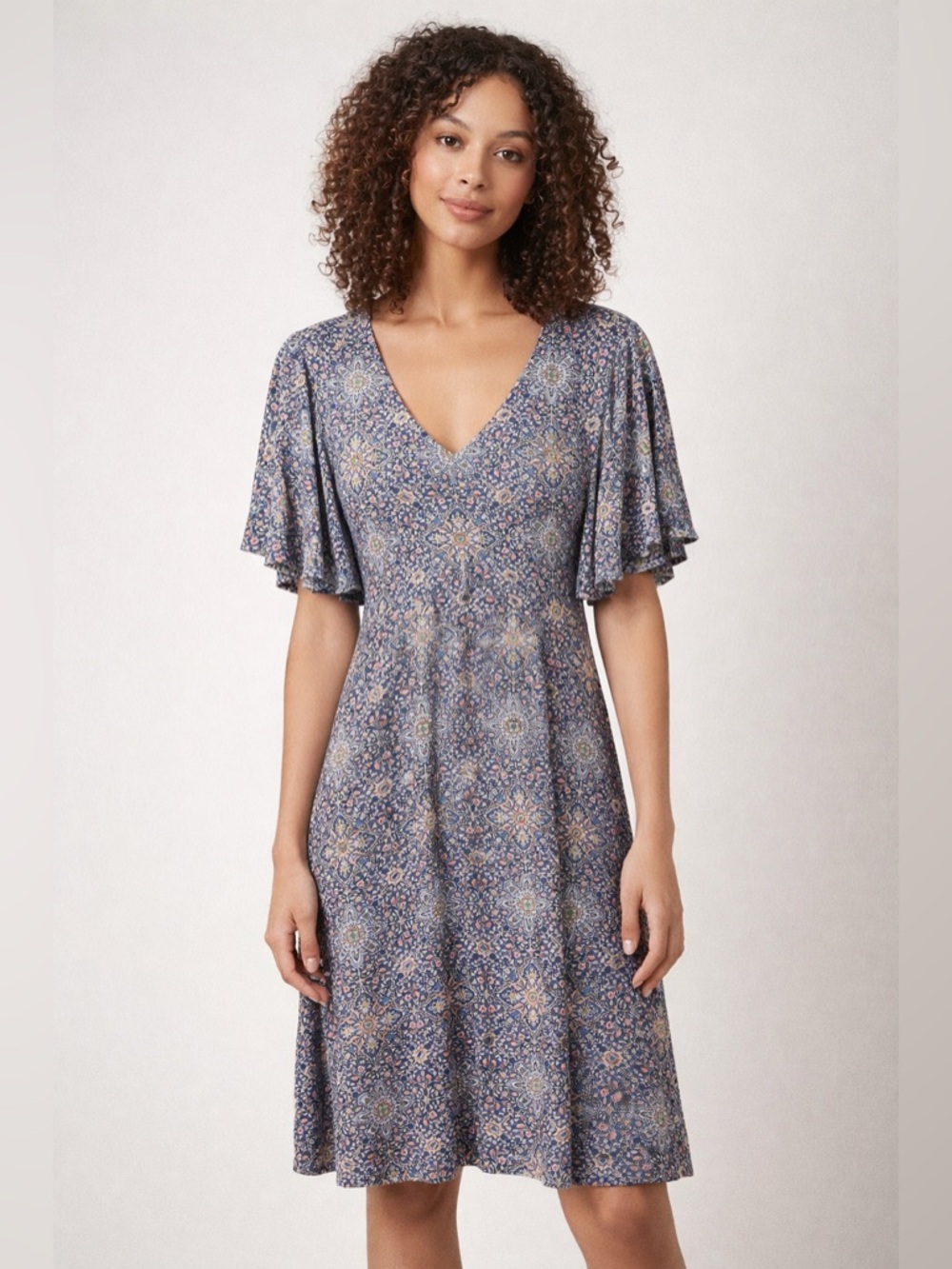 CREAM V-Neck Flutter Sleeve Midi Dress in Blue Floral